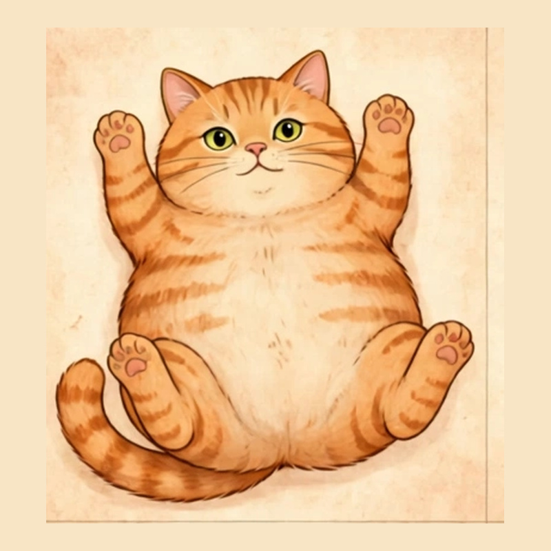 Marshy, a round orange tabby lying belly-up